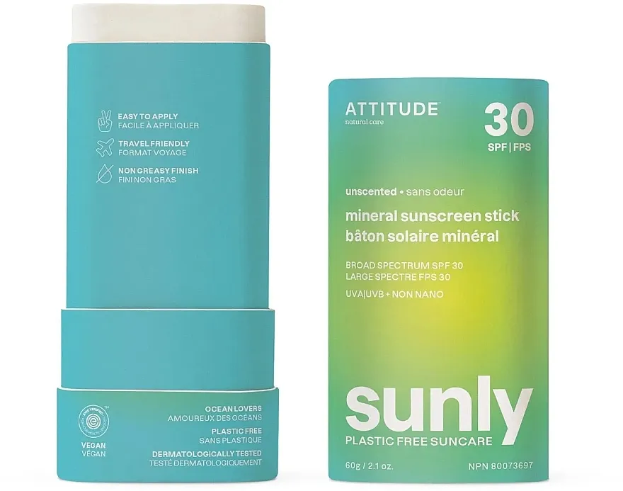 Attitude Sunly Sunscreen Stick Unscented SPF30 Sunčani štift