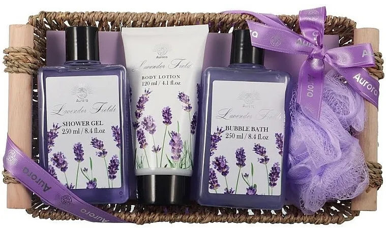 Aurora Lavender Fields (sh/gel 250 ml + b/bath 250 ml + b/lot 120 ml + sponge + basket) Set