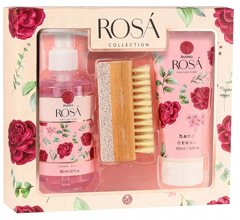 Aurora Rosa Collection (h/cr/100ml + h/soap/180ml + b/scrub/100ml + brush/1pcs) Set