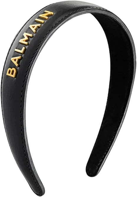 Balmain Paris Hair Couture Black Leather Headband With Gold Plated Logo Traka za kosu