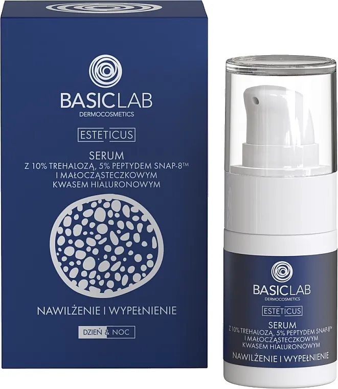 BasicLab Dermocosmetics Esteticus Aktivni serum s 10% trehalozom, 5% SNAP-8 peptidom i hijaluronskom kiselinom niske molekulske mase