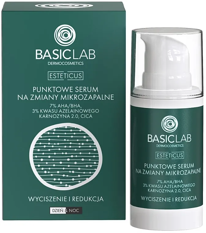 BasicLab Dermocosmetics Esteticus Anti-spot serum za mikro-upalna mesta sa 7% AHA/BHA, 3% azelainske kiseline i laktoferinom