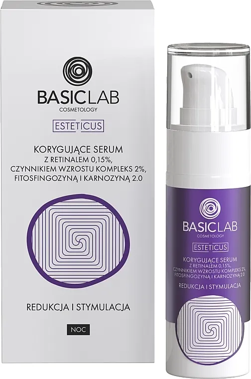 BasicLab Dermocosmetics Esteticus Serum Noćni serum za lice s retinalom 0,15%, faktorom rasta 2%, fitosfingozinom i karnozinom 2,0