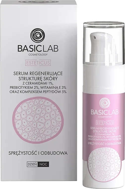 BasicLab Dermocosmetics Esteticus Serum za regeneraciju teksture kože s ceramidima 1%, prebiotikom 2%, vitaminom E 3% i peptidnim kompleksom 5%