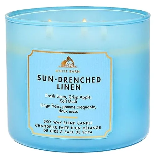 Bath &amp; Body Works White Barn Sun-Drenched Linen 3-Wick Candle Mirisna sveća sa poklopcem, troslojna