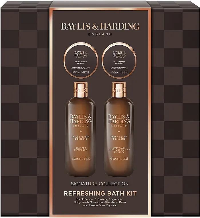 Baylis &amp; Harding Black Pepper &amp; Ginseng Men's The Essentials Tin Kit Gift Set (b/wash/250ml + shmp/250ml + ash/b/100ml + cryst/100g)