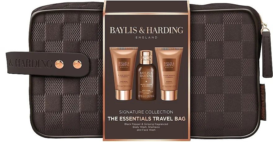 Baylis &amp; Harding Black Pepper &amp; Ginseng Men's The Essentials Travel Wash Bag Gift Set (b/wash/100ml + f/wash/50ml + shm/50ml + bag/1pc)