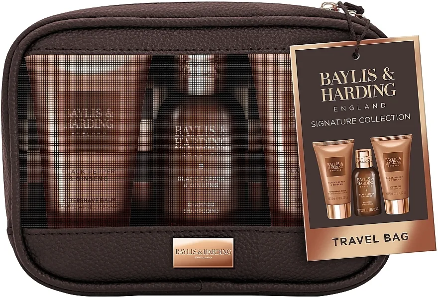 Baylis &amp; Harding Black Pepper &amp; Ginseng Men's Travel Wash Bag Gift Set (sh/gel/50ml + ash/balm/50ml + shm/100ml + bag)