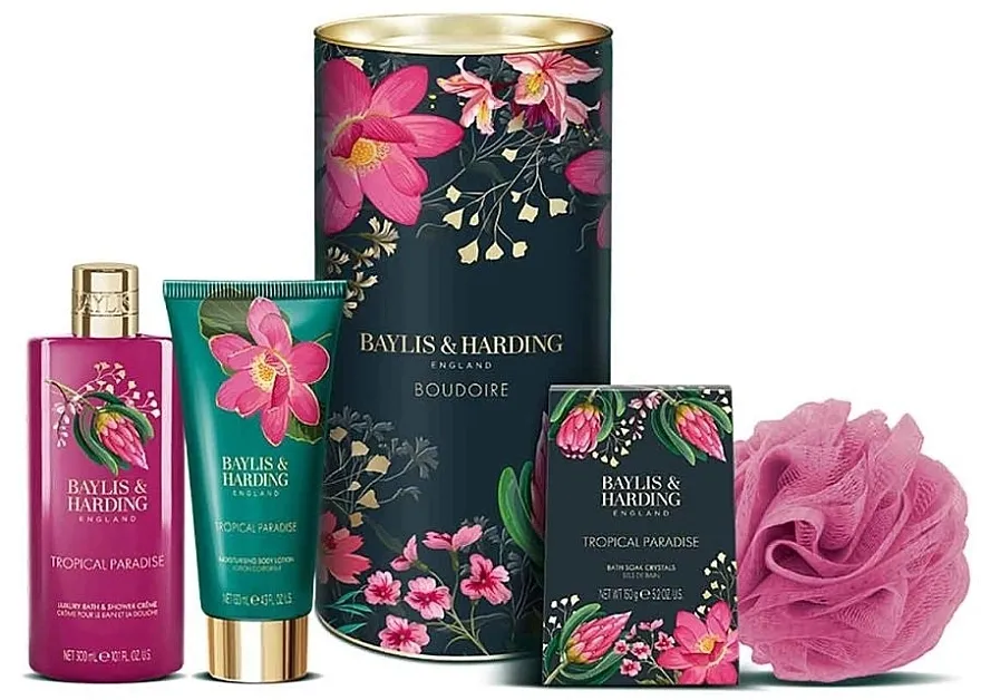 Baylis &amp; Harding Boudoire Tropical Paradise Luxury Drum Gift Set (sh/cr/300ml + b/lot/130ml + b/cryst/150g + washcloth)