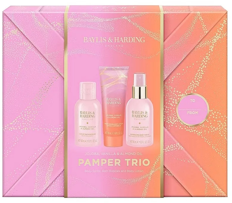 Baylis &amp; Harding Jojoba, Vanilla &amp; Almond Gift Wrapped Pamper Trio Gift Set (b/lot/50ml + bath/bubbles/100ml + b/spritz/95ml)
