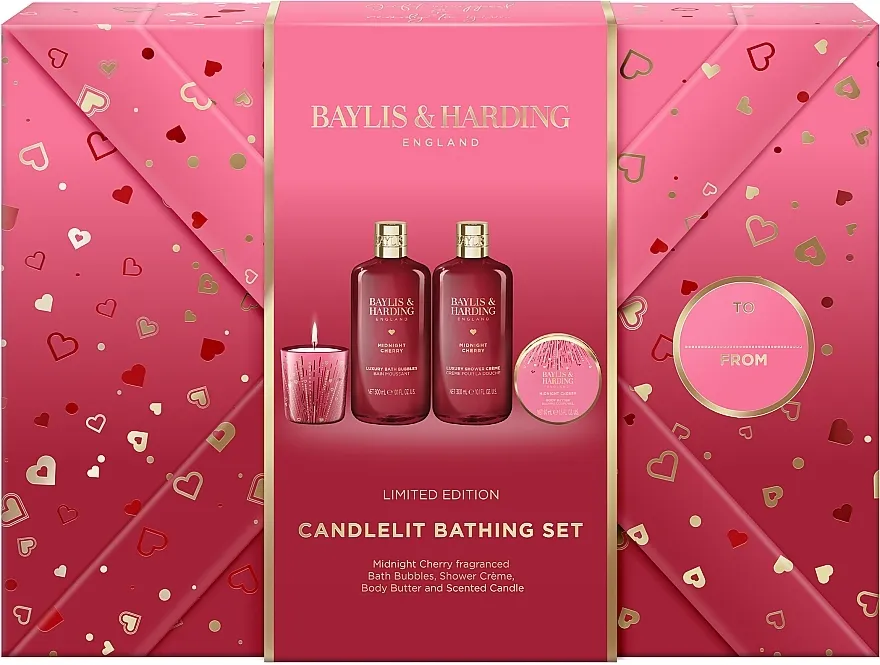 Baylis &amp; Harding Midnight Cherry Gift Wrapped Candlelit Bathing Gift Set (bath/bubbles/300ml + sh/cr/300ml + b/cr/50ml + candle/60g)