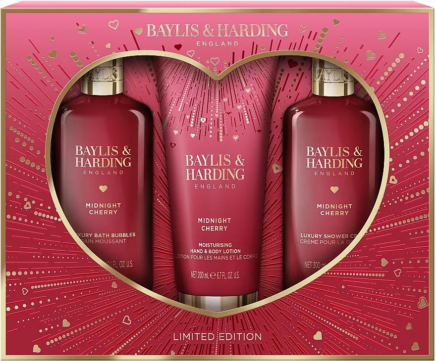 Baylis &amp; Harding Midnight Cherry Luxury Bathing Essentials Gift Set (bath/bubbles/300ml + b/wash/300ml + b/lot/200ml)