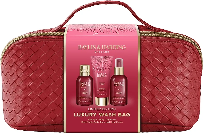 Baylis &amp; Harding Midnight Cherry Luxury Wash Bag Gift Set (b/wash/100ml + spray/100ml + h/cr/100ml + bag/1pc)