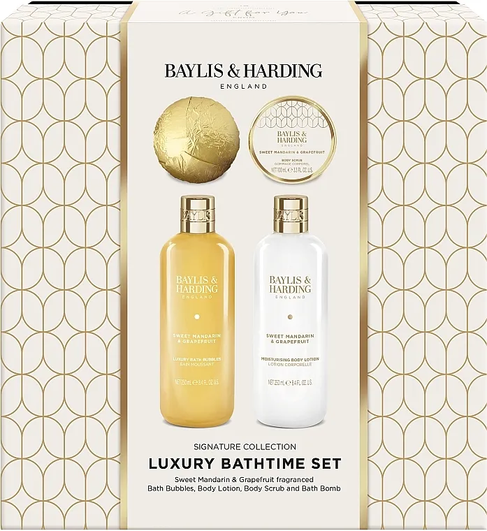 Baylis &amp; Harding Sweet Mandarin &amp; Grapefruit Luxury Bathtime Set (b/bubb/250ml + b/lot/250ml + b/bomb/120g + b/scr/100ml) Komplet