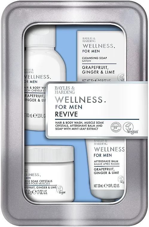 Baylis &amp; Harding Wellness For Men His Essential Wellbeing Tin Gift Set (sh/gel/100ml + ash/balm/30ml + soap/25g + crystal/50g)