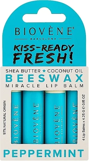 Biovene Kiss Ready Fresh! Peppermint Beeswax Miracle Lip Balm (lip/balm/4x4.25g) Set balzama za usne sa nanom