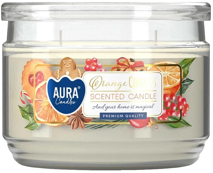 Bispol Aura Orange Cookies Scented Candle Mirisna sveća u staklenoj čaši sa poklopcem "Kolačići od pomorandže"