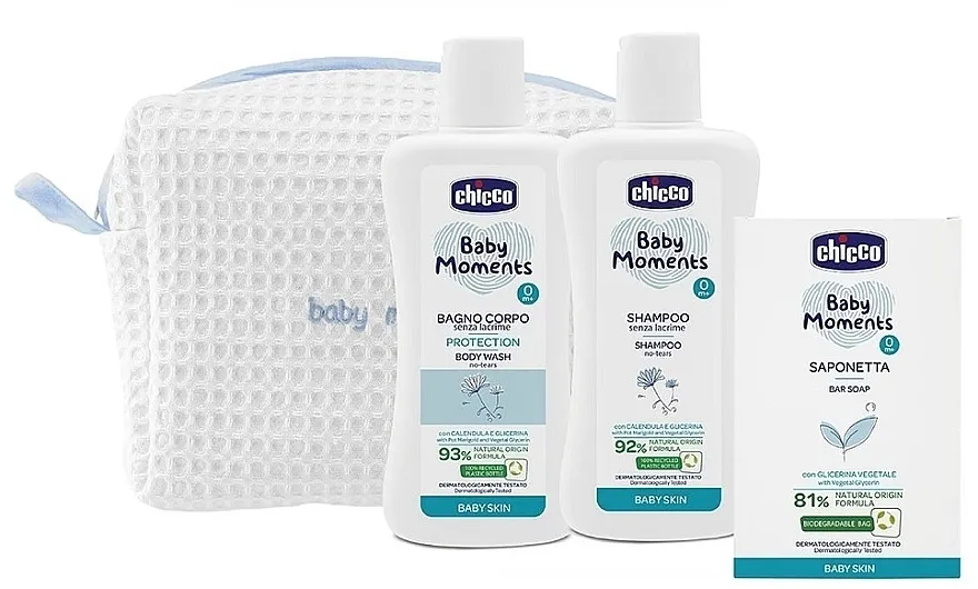 Chicco Beauty With Zip Baby Moments Light Blue (b/wash/200ml + shm/200ml + soap/100g) Set