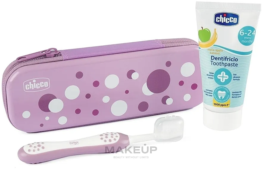 Chicco First Milk Teeth (toothbrush/1pc + toothpast/50ml + bag/1pc) Putni komplet, 6-24 meseca, roze