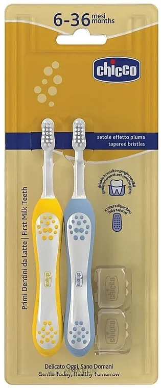Chicco First Milk Teeth (toothbrush/2pcs) Set četkica za zube za prve zubiće, 6-36 meseci, plava i žuta