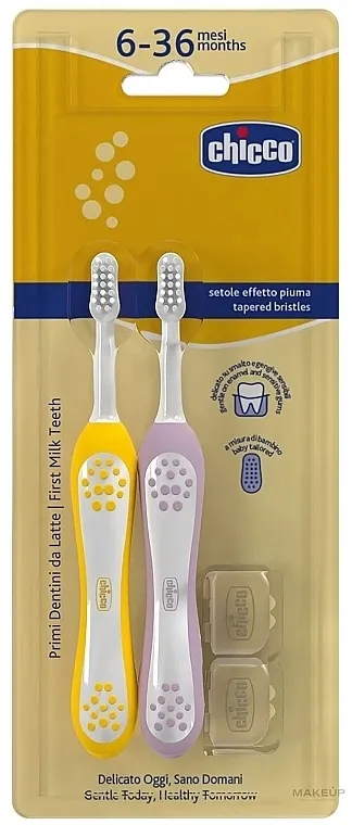 Chicco First Milk Teeth (toothbrush/2pcs) Set četkica za zube za prve zubiće, 6-36 meseci, ljubičasta+žuta