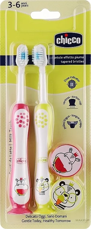 Chicco Milk Teeth (toothbrush/2pcs) Toothbrush Set, 3-6 years, pink and yellow