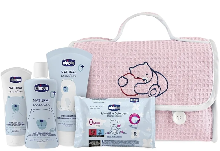 Chicco Natural Sensation Pink Set (cr/100ml + gel/sh/200ml + b/milk/150ml + wet/wipes/16pcs) Set, 4 proizvoda