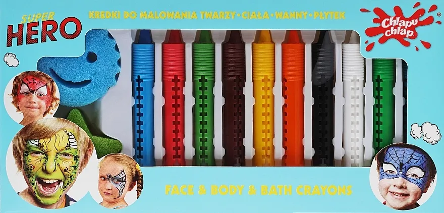Chlapu Chlap Super Hero Face &amp; Body Bath Crayons (crayon/9pcs + sponge/2pcs) Krejoni za crtanje po licu, telu, kadi, pločicama