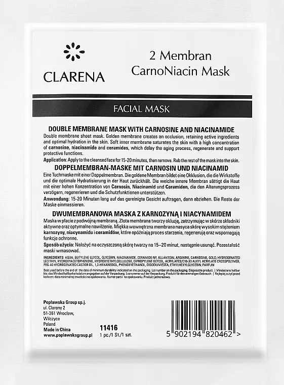 Clarena 2 Membran CarnoNiacin Mask Maska u listu sa dvostrukom membranom sa karnozinom i niacinamidom