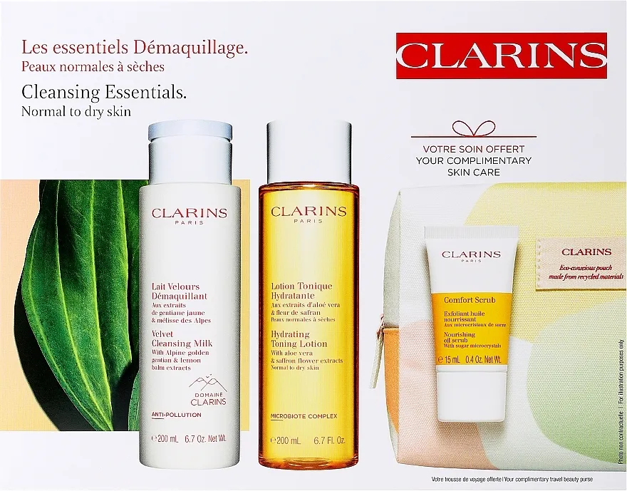 Clarins Cleansing Essentials for Normal Skin (f/milk/200ml + f/lot/200ml + f/scrub/15ml + bag) Set