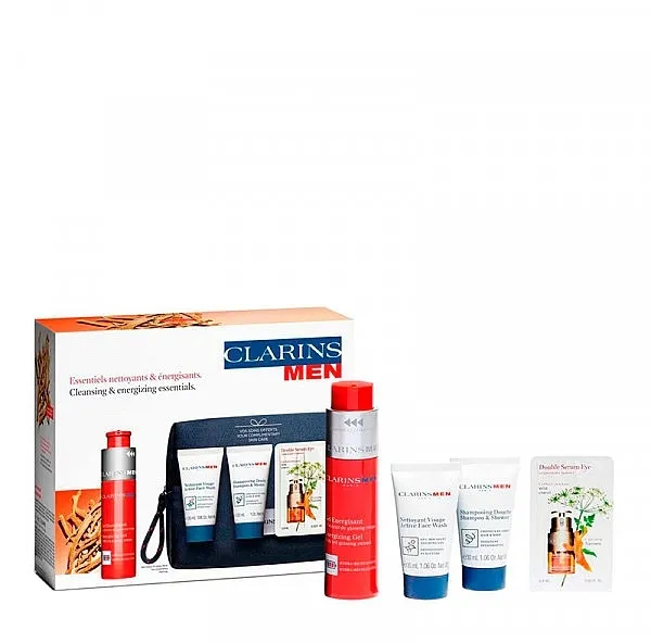 Clarins Men Cleansing &amp; Energizing Essentials Set (f/gel/50ml + f/wash/30ml + shm/30ml + eye/ser/0.9ml + bag/1pcs)