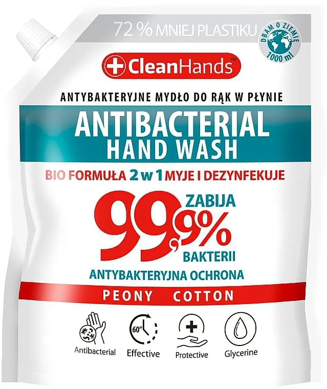 Clean Hands Antibacterial Hand Soap Refill Sapun za dezinfekciju ruku 99,9% 2 u 1 "Božur i pamuk"