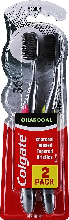Colgate 360 Black Toothbrush Medium Četkica za zube s aktivnim ugljenom, srednje tvrda, roza + svijetlo zelena