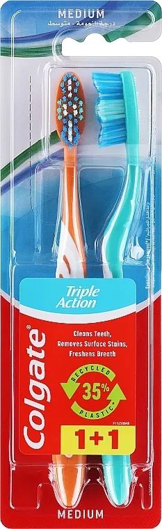 Colgate Triple Action Medium Set četkica za zube" Triple Action", Medium, 2 kom., narandžasta, plava