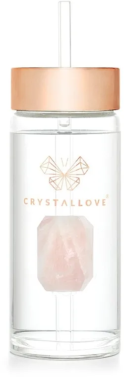 Crystallove Glass Water Bottle with Pink Quartz and Straw Staklena flaša za vodu s ružičastim kvarcom i slamčicom, 400 ml