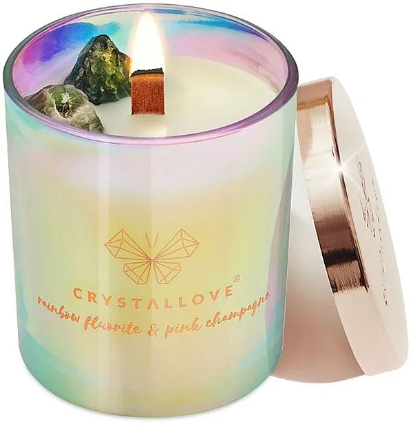 Crystallove Soy Candle With Rainbow Fluorite And Pink Champagne Soja svijeća s duginim fluoritom i ružičastim šampanjcem