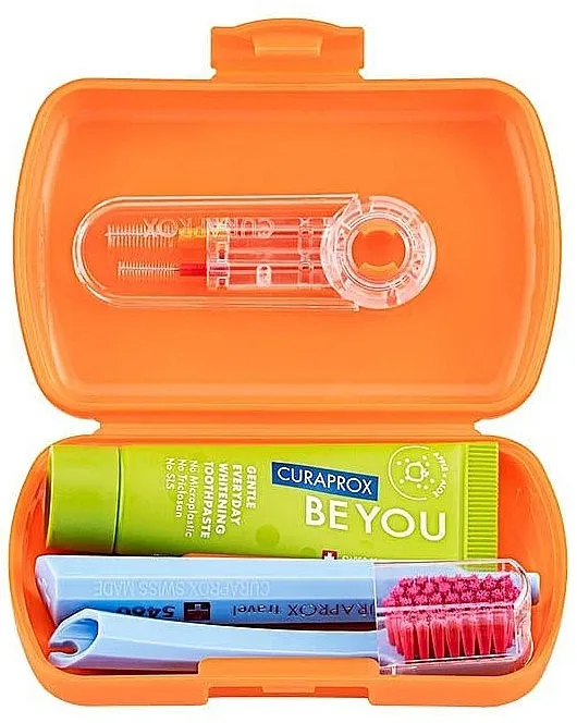 Curaprox Be You Travel Set Orange Box (tbr/1pc + paste/10ml + interdent/brush/2pcs + acc + box) Putni komplet, narandžasti