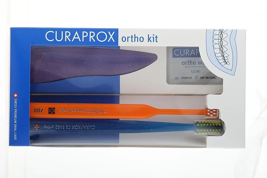 Curaprox Ortho Kit (brush/1pcs + brushes 07,14,18/3pcs + UHS/1pcs + orthod/wax/1pcs + box) Set, varijanta 47 (ljubičasta, narandžasta, plava)