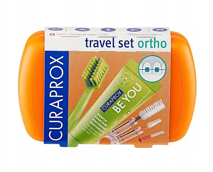 Curaprox Ortho Travel Set (tbr/1pc + paste/10ml + brush/3pc + bag) Putni ortodontski komplet, narandžasti
