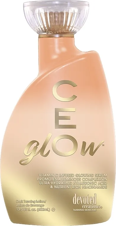 Devoted Creations Cream For Solarium CE Glow Golden Bronzing Serum With Ultra-Hydrating Hyaluronic Acid Krem za solarijum sa ultra-hidratantnom hijaluronskom kiselinom i niacinamidom bogatim hranljivim sastojcima