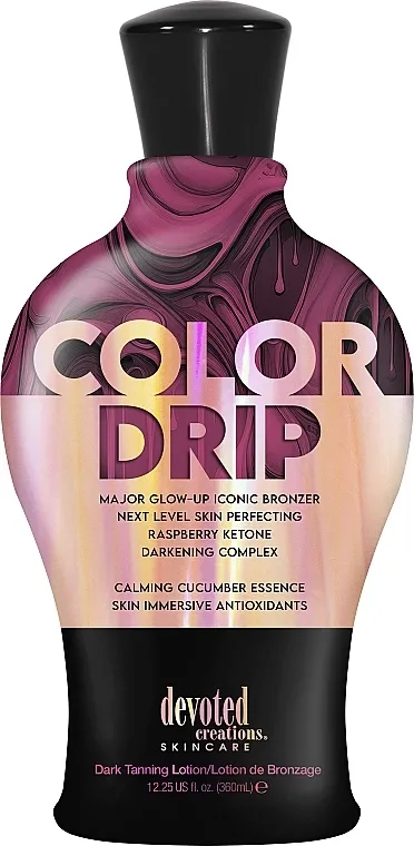 Devoted Creations Cream For Solarium Color Drip Major Glow Up Iconic Bronzing Lotion Balzam za solarijum sa ekstraktom zelene kafe i kolagena, obogaćen ekstraktima krastavca i nara