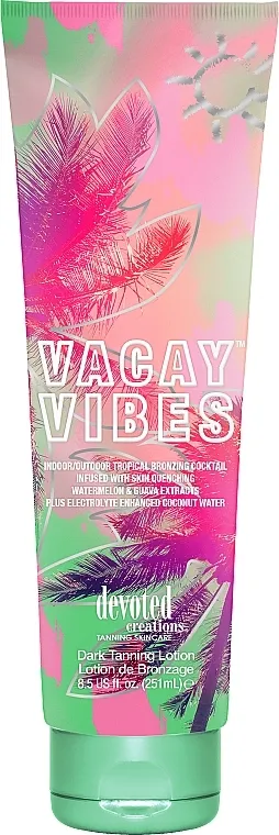 Devoted Creations Cream For Solarium Vacay Vibes Tropical Bronzing Lotion With Hydrating Guava And Watermelon Krema za solarijum sa hidratantnim ekstraktima guave i lubenice