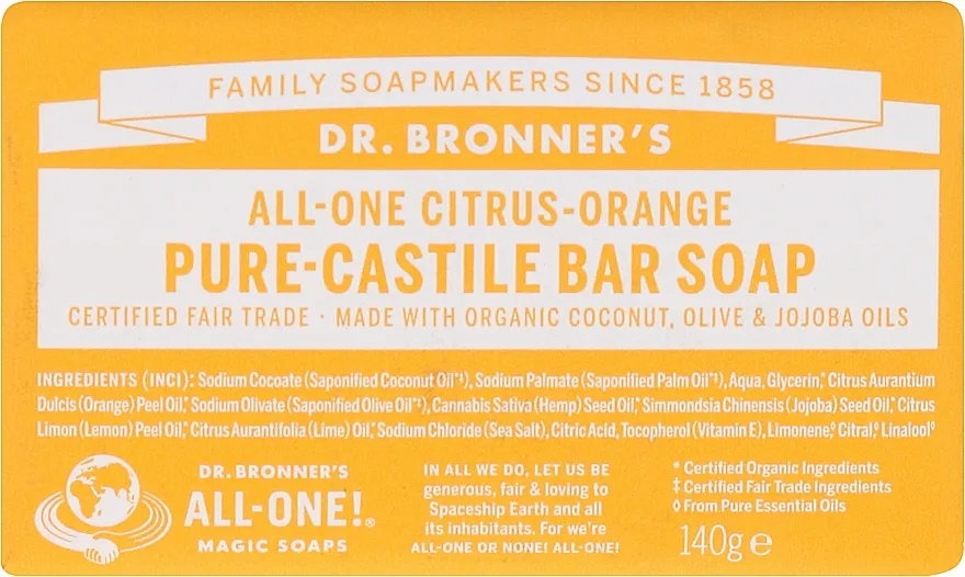 Dr. Bronner’s Pure Castile Bar Soap Citrus &amp; Orange Sapun "Citrus i pomorandža"