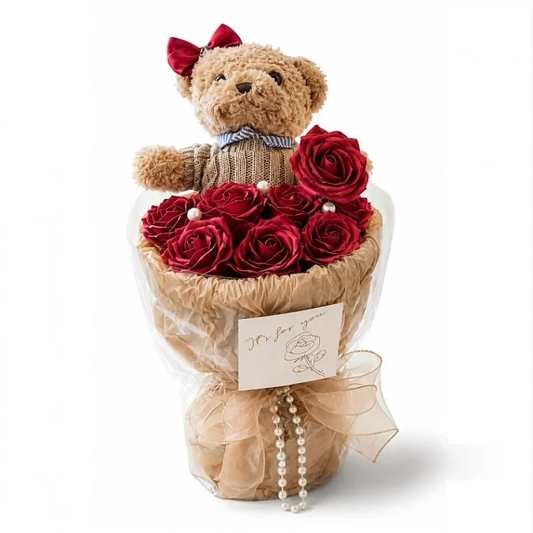 Ecarla Flower Box Buket mirisnih crvenih cvetova od sapuna BUK31CZE, sa plišanim medvedićem