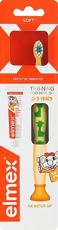 Elmex Learn Toothbrush Soft + Toothpaste 12ml Četkica za zube za djecu (0-3 godine), žuta sa žirafom