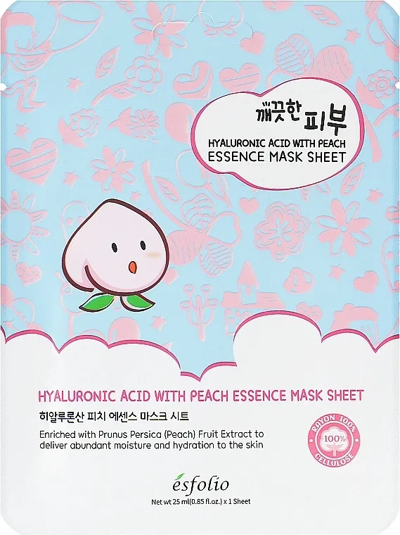 Esfolio Hyaluronic Acid With Peach Essence Mask Sheet Platnena maska za lice sa hijaluronskom kiselinom i ekstraktom breskve