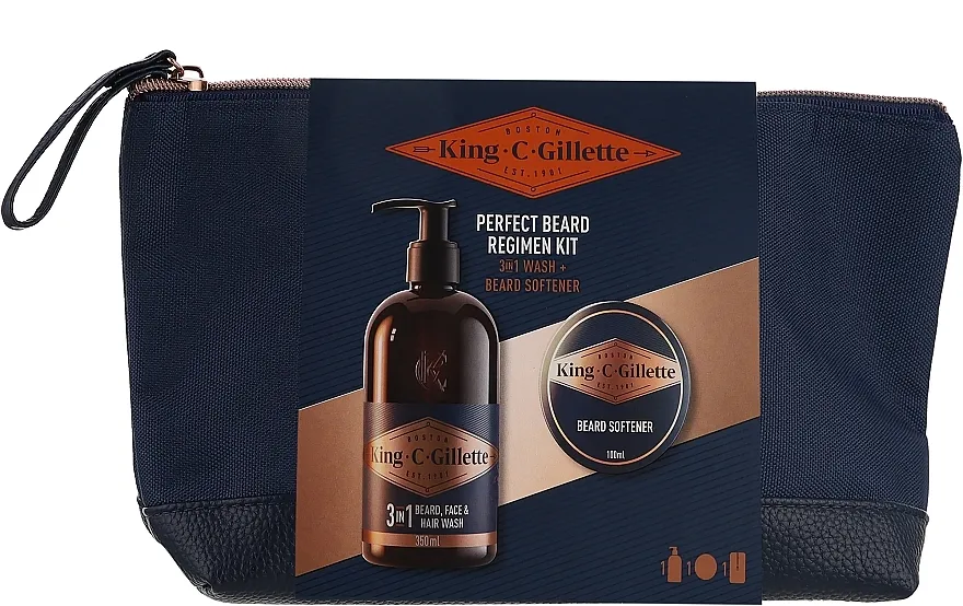 Gillette King C. Gillette Perfect Beard Regimen (wash/350ml + b/balm/100ml + bag/1pc) Set