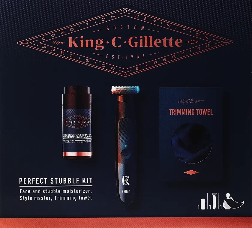 Gillette King C. Gillette Perfect Stubble (moisturizer/100ml + trimmer/1pc + towel/1pc) Set