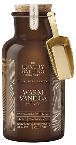 Grace Cole The Luxury Bathing Warm Vanilla &amp; Fig Bathtime Bliss Bath Crystals in Reusable Printed Glass Bottle with Gold Scoop Kristali za kupanje