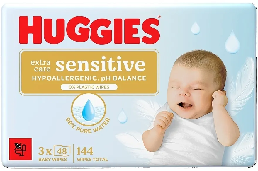 Huggies Extra Care Sensitive Vlažne maramice za decu, 3 x 48 kom.